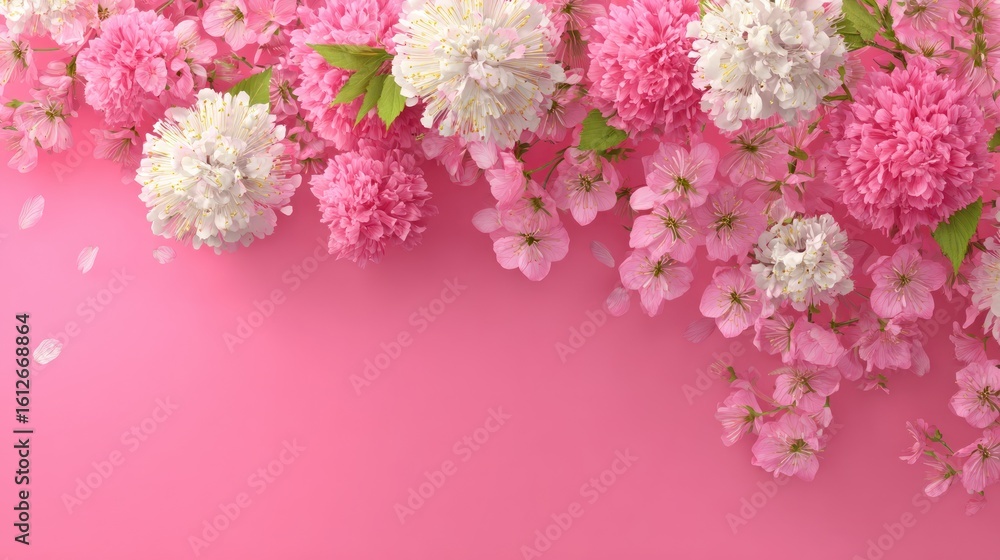 Fototapeta premium Pink and white flowers arranged on a pink background.