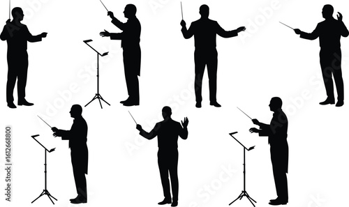 Silhouette of orchestra conductor with baton, multiple poses, music director, symphony leader, classical music, conductor illustration, musician figure, vector graphic for design use.