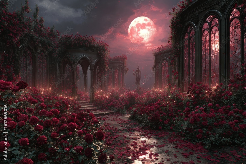 Naklejka premium Gothic rose garden with moonlight and enchanting atmosphere