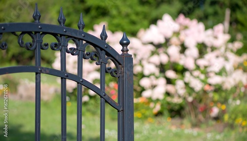 Fototapeta Naklejka Na Ścianę i Meble -  Ornate black metal gate in a garden setting