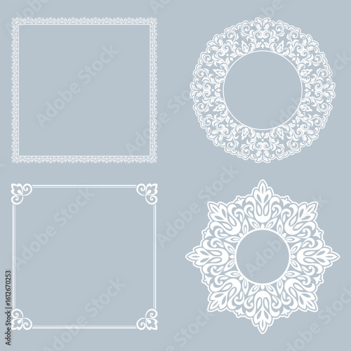 Set of decorative frames Elegant vector element for design in Eastern style, place for text. Floral gray and white borders. Lace illustration for invitations and greeting cards