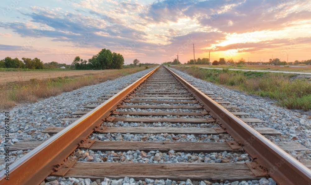 Fototapeta premium Serene Sunset Over a Tranquil Railway Track