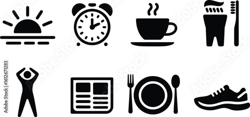 Black Icon Set of Morning Routine Elements Sunrise Clock Coffee Toothbrush Exercise Newspaper