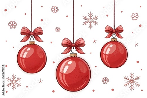Minimalist Red Christmas Ornaments with Snowflakes on White Background
