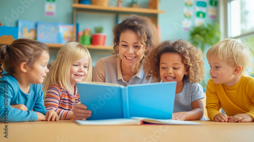 A diverse group of preschool children attentively listen to a teacher reading a book in a bright, cheerful classroom setting. Education Photography