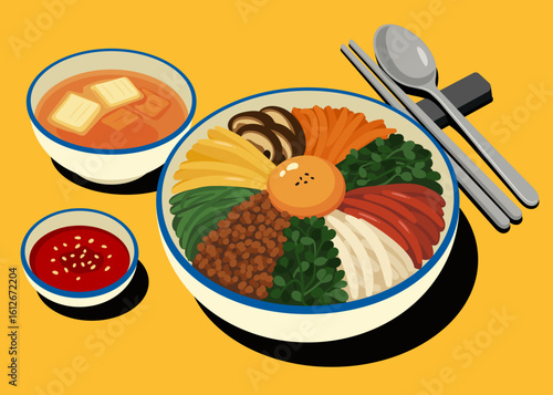 Korean Meal Illustration with Bibimbap and Side Dishes