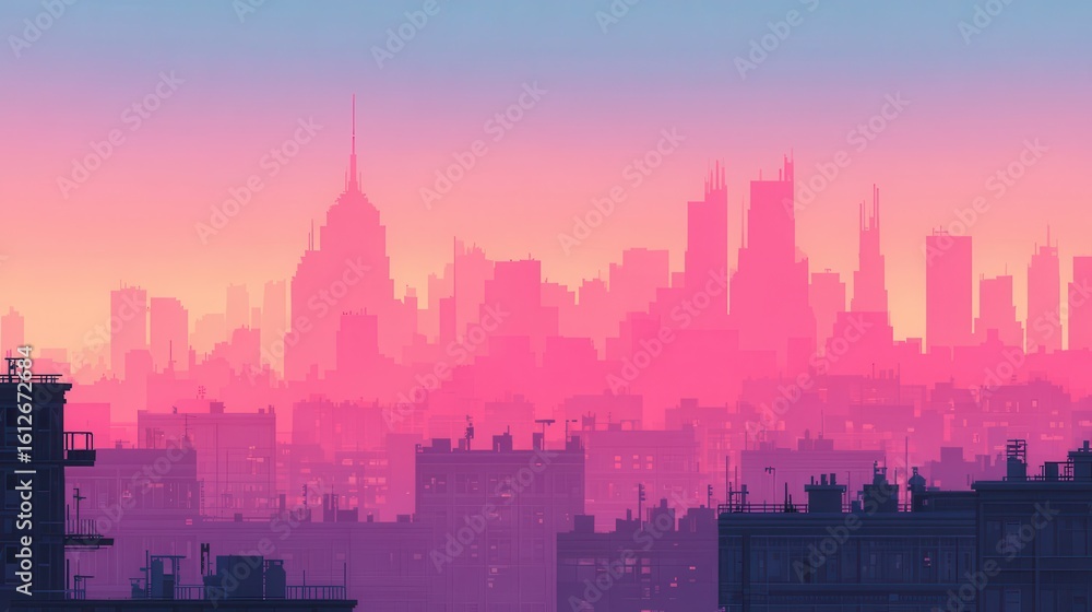 Obraz premium A cityscape at dawn, painted in muted pinks and purples.