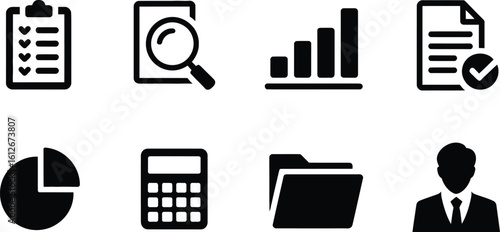 Black and White Business Icons Checklist Magnifier Graph Document Calculator Folder Silhouette