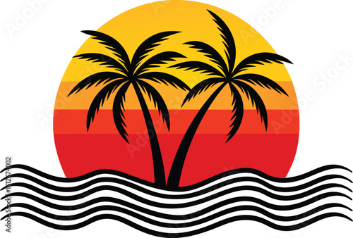Wallpaper Mural Two black palm trees against a sunset with orange and red stripes and wavy black lines beach tropical Torontodigital.ca
