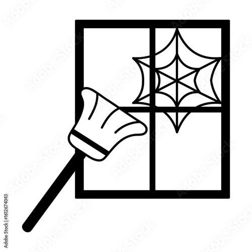 Cobweb cleaning with broom, glyph style icon 
