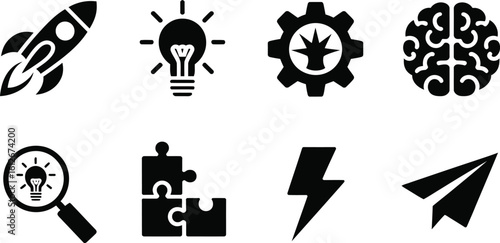 Black and white icons of rocket lightbulb gear brain puzzle lightning paper airplane