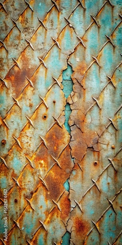 Weathered metal surface with deep cracks and discoloration