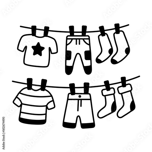 A glyph style icon of hanging clothes on clothesline 
