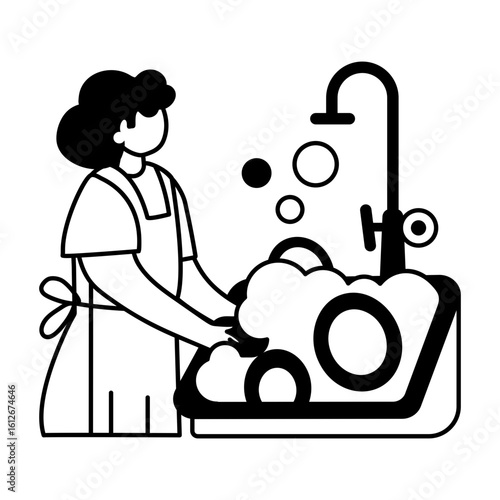 A woman washing dishes on sink, glyph icon 
