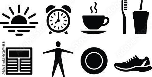 Black and White Icons Representing Morning Routine Activities