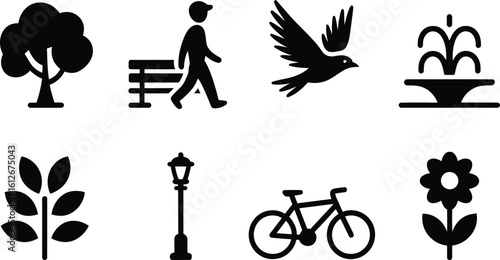 Black Park Icons Tree Bird Fountain Flower Bicycle Lamp Person