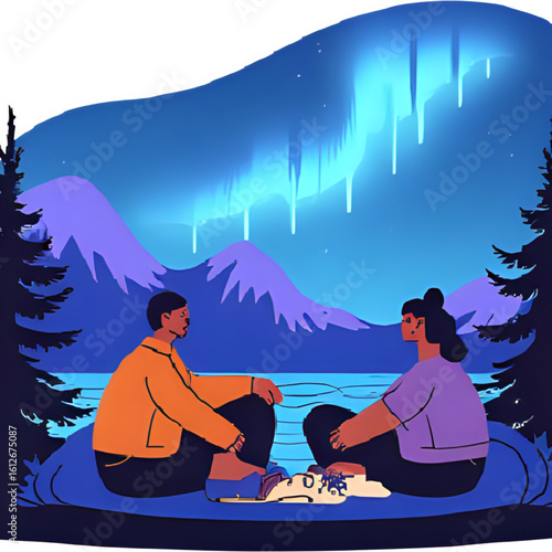 Nature view, Northern Lights, there is a man and a woman sitting looking at the beautiful nature.
