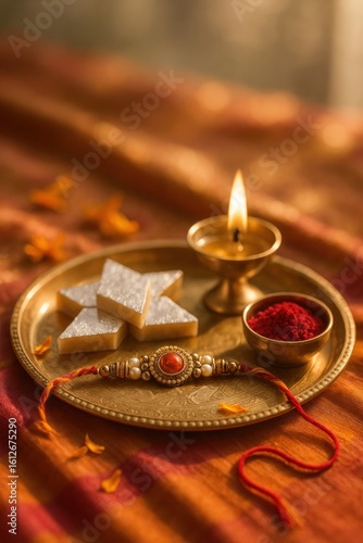 Raksha Bandhan thali with sweets, diya, kumkum and rakhi on silk fabric