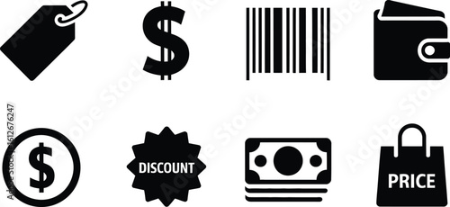 Black and white shopping icons tag dollar sign barcode wallet coin discount money price bag
