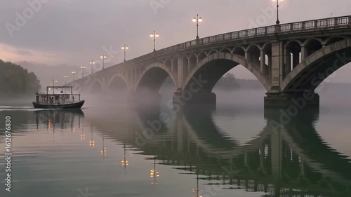 A boat sails under a stone arch bridge on a misty river, its reflection visible in the calm water.