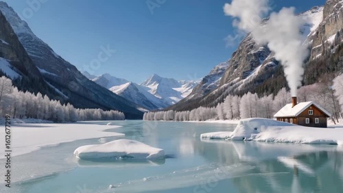 A cabin sits beside a frozen lake in a snowy mountain landscape, with smoke rising from its chimney.