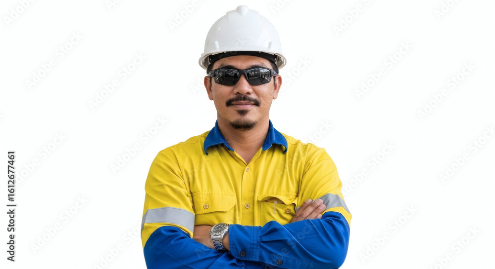 Fototapeta premium A confident male industrial worker in a hard hat and safety glasses poses with his arms crossed.