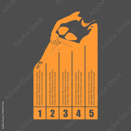 Unhappy woman sitting and hug her knee, thinking about problems. Suffering from break up. Five features or option to select. Infographic for psychological and mental health information visualization.