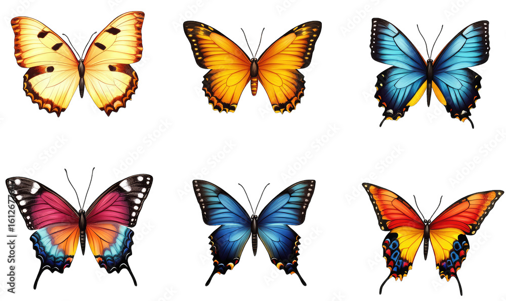 Obraz premium Six Colorful Butterflies Isolated On Transparent Background They Are Vibrant Diverse And Arranged In A Grid Great For Backgrounds Graphics And Design Projects