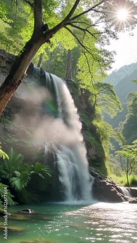 A waterfall cascades into a pool of water surrounded by lush green trees and foliage under a bright, sunny sky.