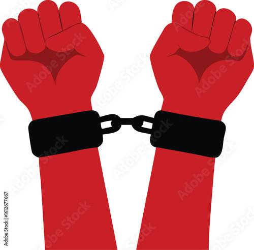 Two Red Hands Chained Together Representing Oppression and Restriction