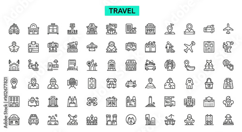 A comprehensive collection of travel-related line icons depicting various aspects of journeys, accommodations, and transportation.