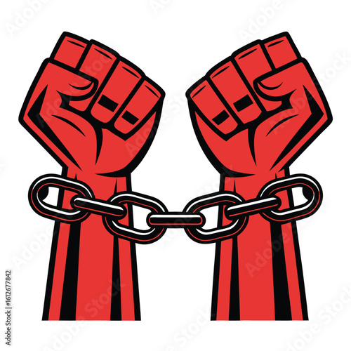 Two clenched fists bound together by a strong metal chain symbolizing oppression captivity and struggle for freedom