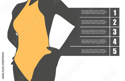 Beautiful girl in a stylish swimsuit. Young attractive woman. Five features or option of project to select. Minimal infographic illustration for travel and leisure activity information visualization.