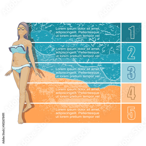 Girl in bikini walking on beach in summer. Beauty young woman. Five features or option of project to select. Minimal infographic for travel and leisure activity information visualization.