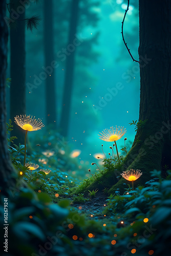 Mystical forest path illuminated by glowing flowers at night.