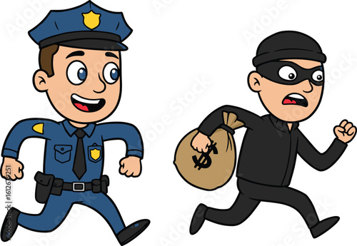 Cartoon police officer chasing thief with money bag, crime scene illustration, law enforcement, robbery concept, justice, arrest in progress