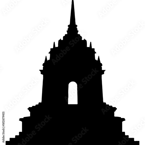 Mysterious Asian Temple Silhouette for World Tourism Day. Detailed outline of ancient stupa or pagoda, cultural travel landmark icon.