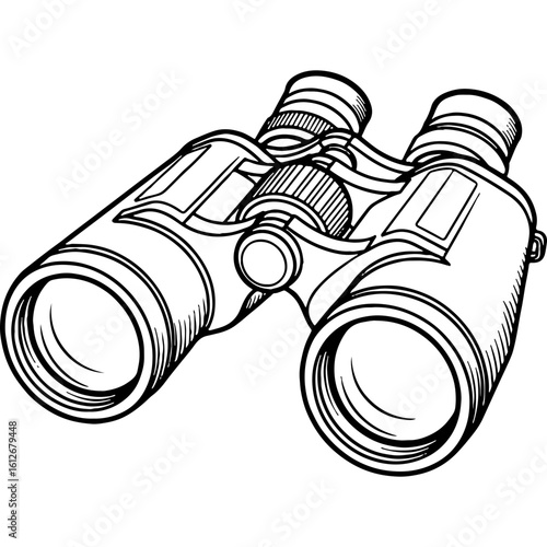 Monochromatic line art illustration of vintage binoculars for World Tourism Day, travel, adventure, sightseeing, and exploration concepts.