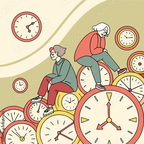 digital illustration, clock faces, vintage clock, analog clock, old man sitting on stack of clocks, time management, busy schedule, tight deadline, overwhelmed, anxious, worried expression, detailed, 
