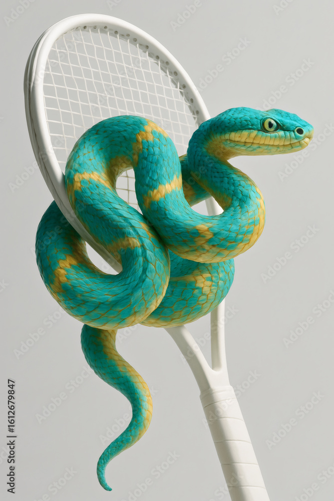 Obraz premium Striking juxtaposition: A colorful serpent coils around a tennis racket, blending danger and sport in a captivating artistic shot.