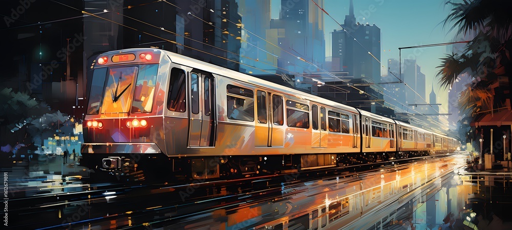 Fototapeta premium The train gliding on the elevated tracks has a streamlined body with vividly lit LED lights,, Generative AI