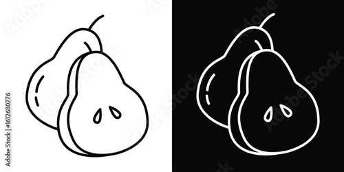 An outline icon illustrating a pear, with one whole fruit and another sliced in half. Minimalist vector graphic for concepts of fresh food and healthy eating.