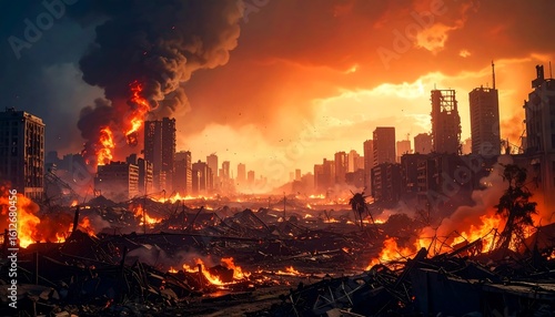 A city consumed by fire and destruction, a dark orange sky above