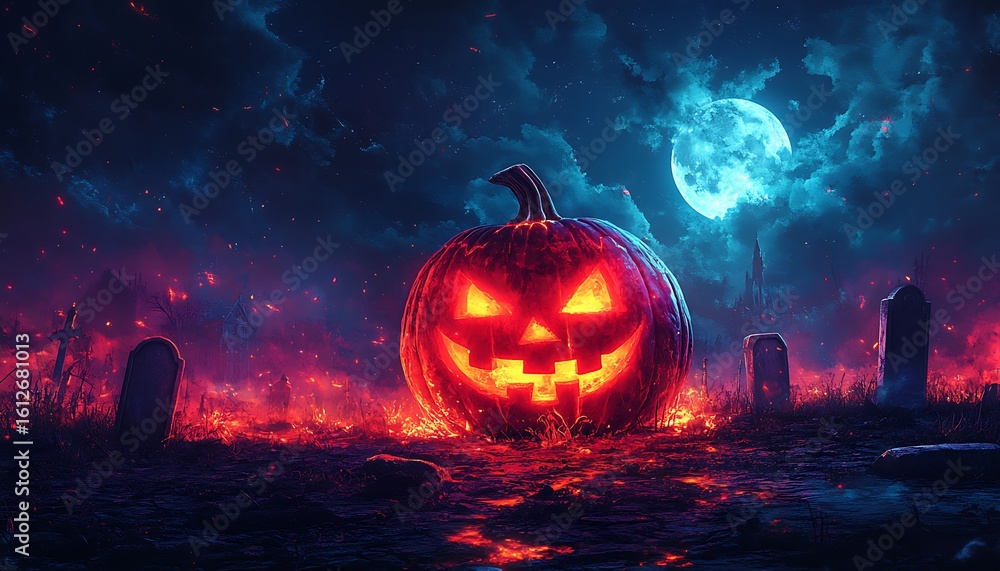 Naklejka premium Glowing Jack O Lantern in a Spooky Cemetery Under a Full Moon halloween pumpkin 1