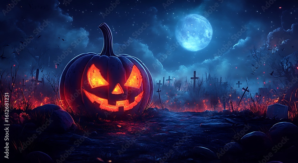 Fototapeta premium Glowing Jack O Lantern in a spooky graveyard under a full moon halloween pumpkin