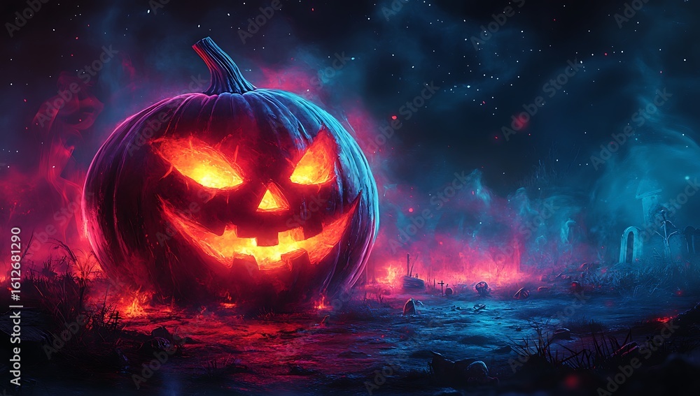 Fototapeta premium Glowing jack o lantern in a spooky graveyard with red and blue smoke halloween pumpkin