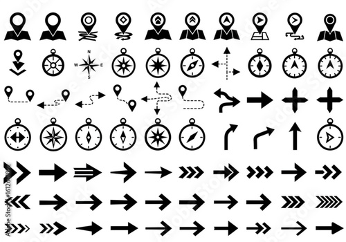 Collection of navigation icons including maps compasses and arrows