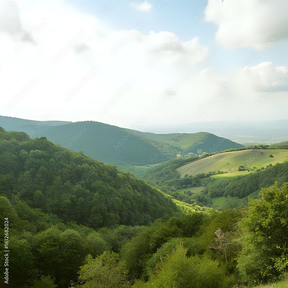 Fototapeta premium Lush green valley with rolling hills creating serene pastoral landscape under cloudy sky
