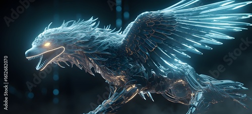 Wolf Garuda Wireframe, mozaic art, captured from the eyes of AI consciousness