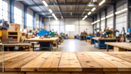 Empty wooden tabletop in a blurred industrial workshop